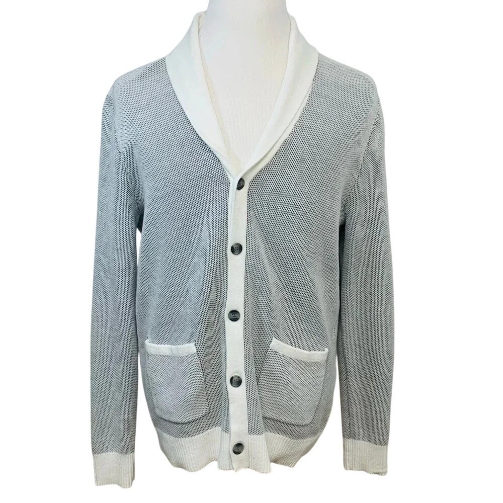 INC  Shawl Collar Cardigan Sweater Grey White Men Large Button Up Grandpa Retro